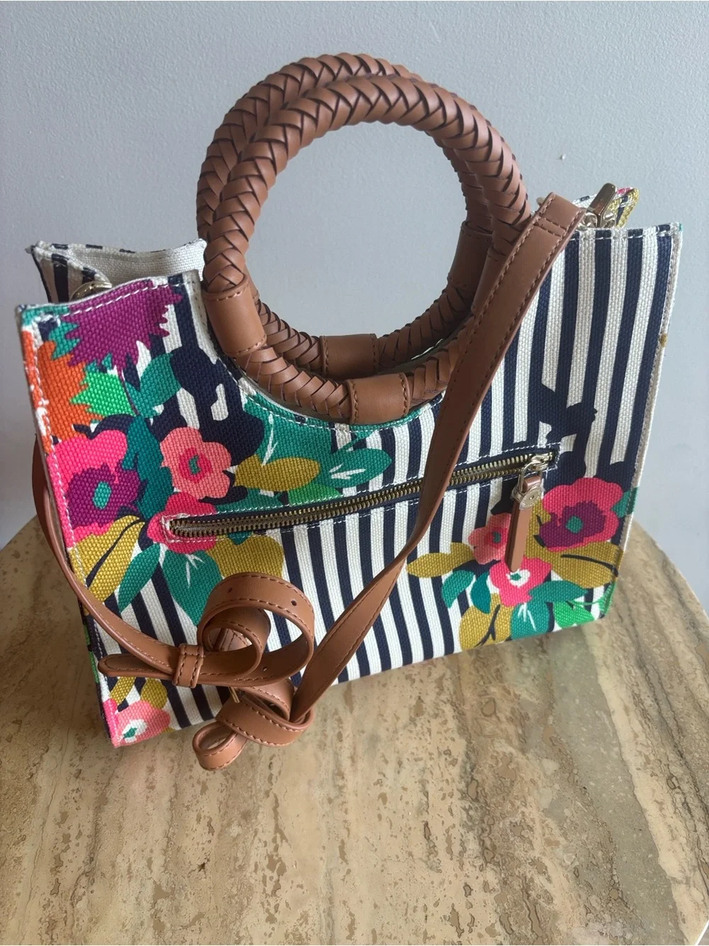 Spartina 449 Navy & White Stripe Floral Tote Purse with Braided Leather Handle